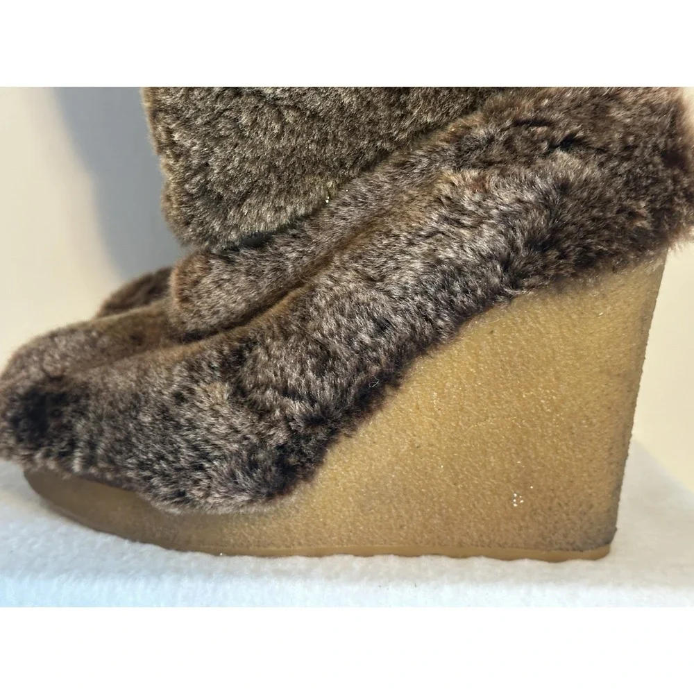 Tory Burch Womens 7 Kiki Sheep Shearling Fur Wedge Heel Boots Brown Pull On